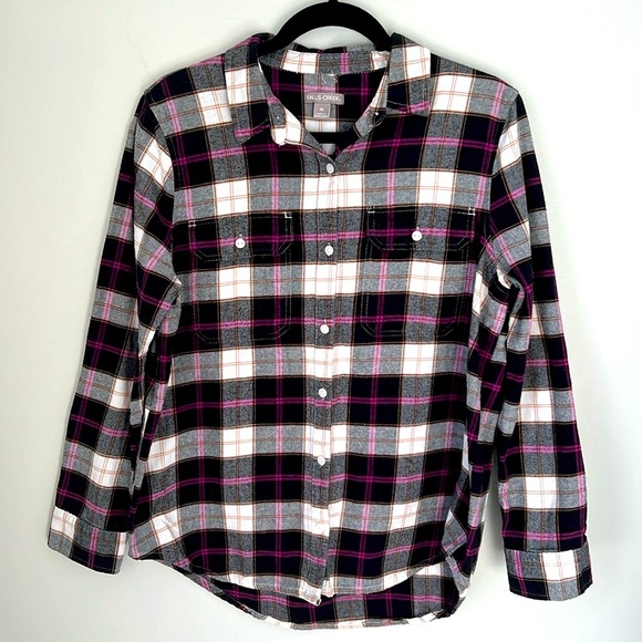 Falls Creek Womens Flannel Plaid Black White Pink Shirt Button Down Soft Medium - Picture 1 of 16